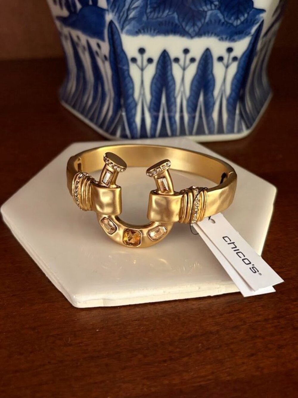 Chico's Golden Equestrian Bracelet Horseshoe Shape Hinge Closure